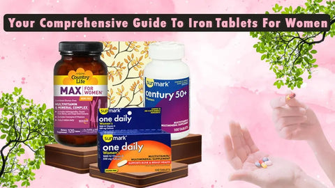 Three different iron tablet products from HerbsPro displayed with a headline: 'Guide to Iron Tablets for Women!