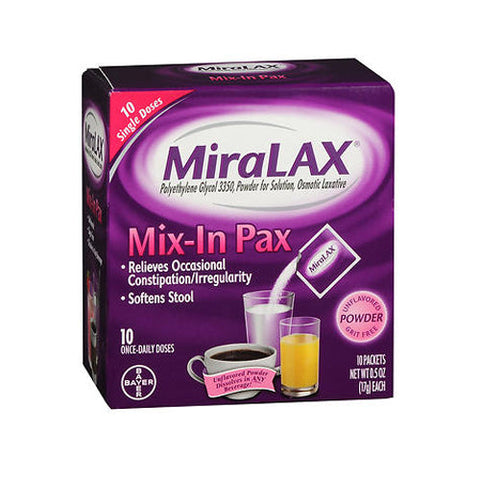 Miralax, Polyethylene Glycol 3350 Osmotic Laxative Mix-In Pax Powder Unflavored, 10 Count Miralax