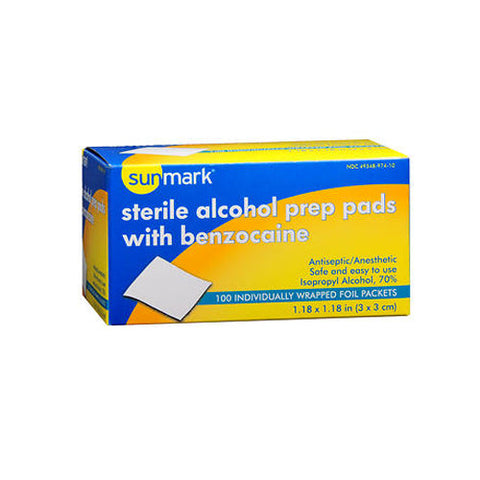 Sunmark, Sterile Alcohol Prep Pads with Benzocaine, 100 Each Sunmark