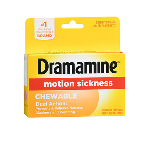 Dramamine, Motion Sickness Dimenhydrinate Antiemetic Dual Action Chewable Tablets Orange, 50 Mg, 8 Tabs Dramamine