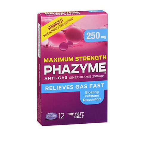 Phazyme, Anti-Gas Simethicone Fast Gels Maximum Strength, 250 Mg, 12 Caps Phazyme