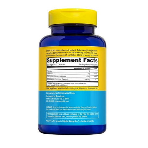 Nature's Life, Monolaurin + Zinc, 1,000 mg, 90 Caps Nature's Life