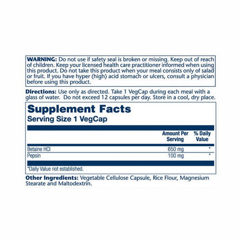 Solaray, High Potency Betaine HCL With Pepsin, 650 Mg, 250 Veg Caps Solaray