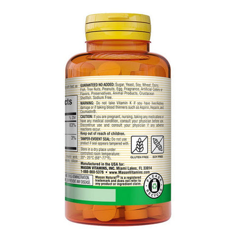 Mason Natural, Vitamin K2 With Calcium Supports Bone Health, 100 mcg, 100 Tabs Mason Natural