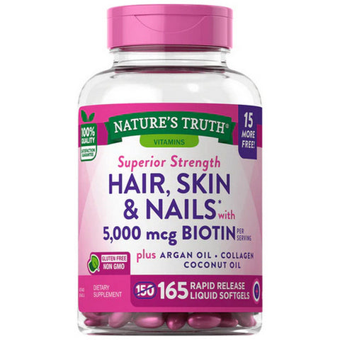 Nature's Truth, Hair Skin & Nails With Biotin Rapid Release Liquid Softgels, 5000 Mcg, 165 Caps Nature's Truth