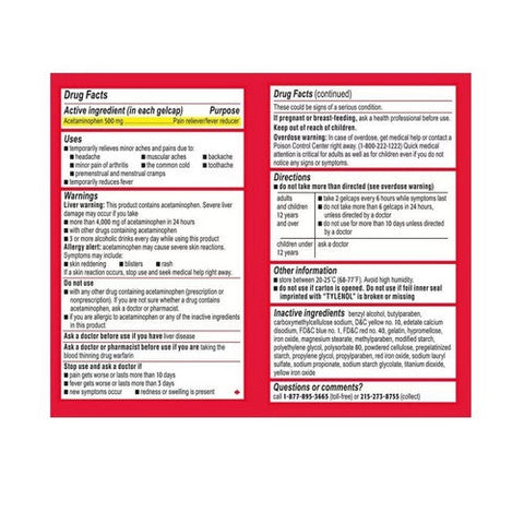 Tylenol, Extra Strength Acetaminophen Rapid Release Gelcaps, 500 Mg, 100 Caps Tylenol