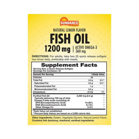 Sundance, Fish Oil Omega-3 Coated Softgels Odorless Natural Lemon, 1000 Mg, 90 Tabs