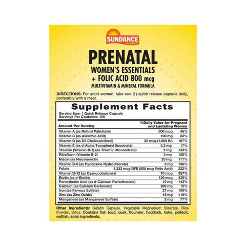 Sundance, Prenatal Women'S Essentials + Folic Acid, 800 Mcg, 100 Caps Sundance