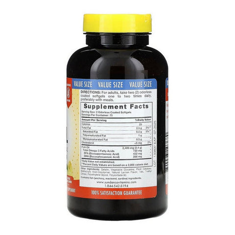 Sundance, Fish Oil Omega-3 Coated Softgels Odorless Natural Lemon, 150 Caps