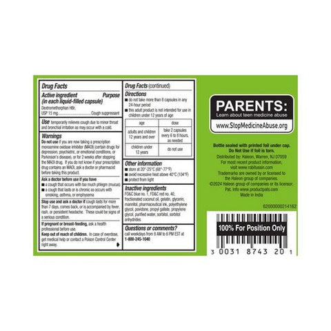 Robitussin, Adult Dextromethorphan Hbr Cough Suppressant Long-Acting Coughgels, 20 Each