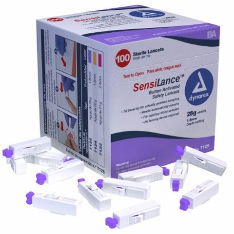 Dynarex, Lancet SensiLance Safety Lancet Needle 1.8 mm Depth 28 Gauge Push Button Activated, Box Of 100 Dynarex