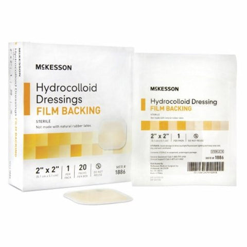 McKesson, Hydrocolloid Dressing Waterproof Film Backing 2 X 2 Inch Square Film 1886, Box Of 20 McKesson