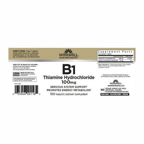 Windmill Health, Vitamin B-1, 100mg, 100 Tabs Windmill Health