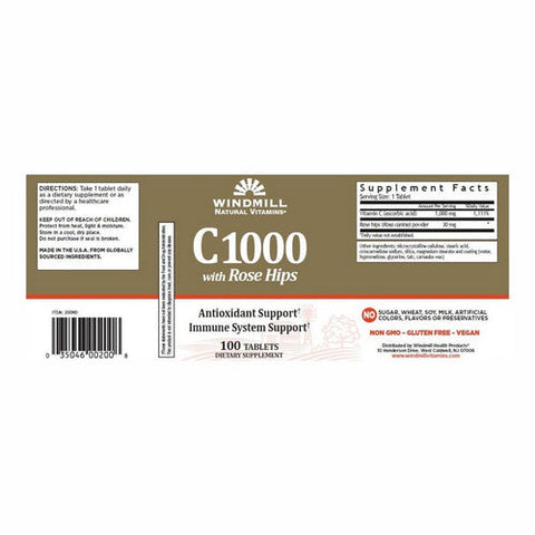 Windmill Health, Vitamin C with Rose Hips, 1000mg, 100 Tabs Windmill Health