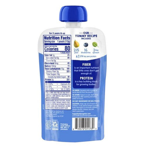 Happy Tot, Fiber And Protein Organic Pears Blueberries And Spinach Baby food, 4 Oz(Case Of 16) Happy Tot