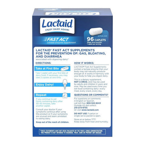Lactaid, Fast Act Lactase Enzyme Supplement, 96 Caplets Lactaid