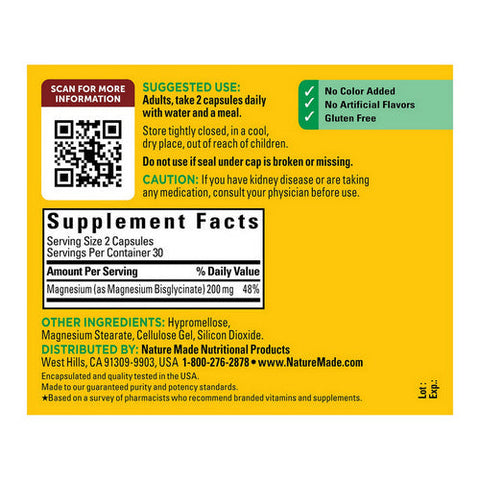 Nature Made, Magnesium Glycinate, 200 mg, 60 Caps Nature Made