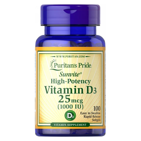 Vitamin D3 25 mcg (1000 IU) 100 Softgels by Puritan's Pride