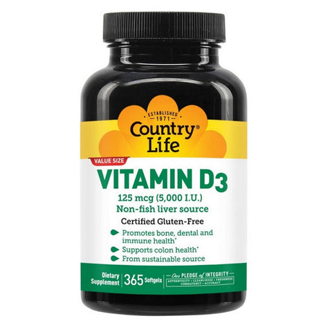 Country Life, Vitamin D3 (5000 IU), 125 Mcg, 365 Softgels Country Life