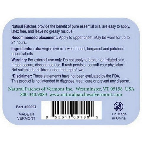 Natural Patches of Vermont, Vermont Sweet Fennel Appetite Suppressant Formula Essential Oil Patch, 10 Count