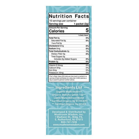 Maitake Mushroom Wisdom, Matcha Lion's Mane Extract Sticks, 10 Count Maitake Mushroom Wisdom