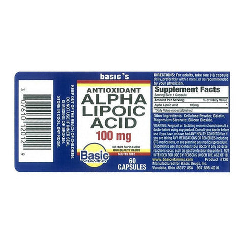 Basic Vitamins, Alpha Lipoic Acid, 100 Mg, 60 Caps Basic Vitamins