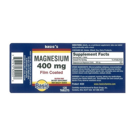 Basic Vitamins, Magnesium Oxide, 400 Mg, 120 Tabs Basic Vitamins