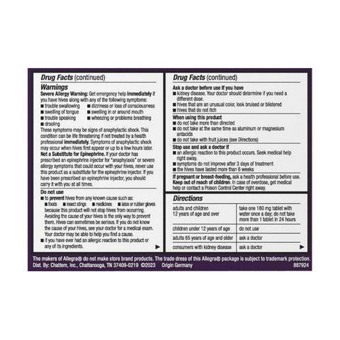 Allegra, Hives 24 Hr Fexofenadine Hcl Antihistamine, 180 Mg, 30 Tabs Allegra