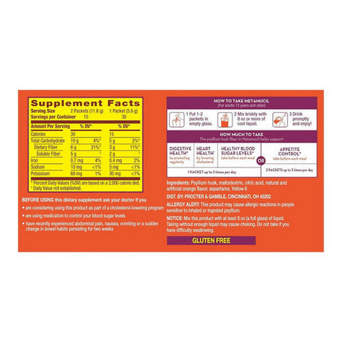 Metamucil, Psyllium 4 in 1 Fiber Supplement On The Go Orange, 30 Each Metamucil