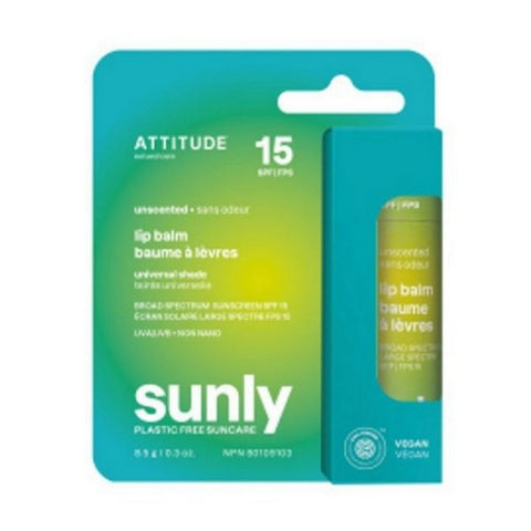 Attitude, Lip Balm SPF 15 Sunly Plastic Free Unscented, 0.3 Oz Attitude