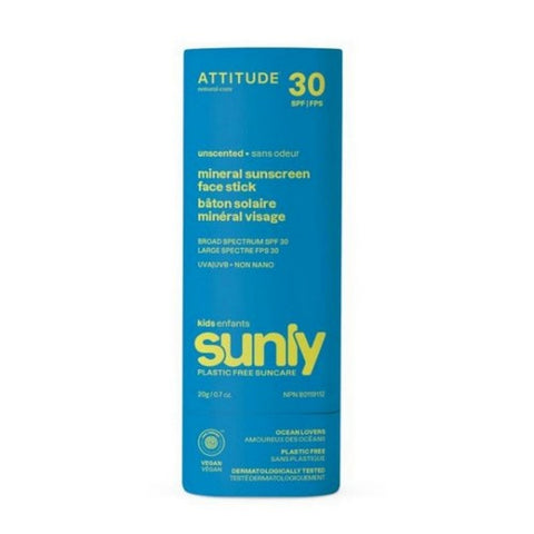 Attitude, Kids Mineral Sunscreen Face Stick SPF 30 Sunly Plastic Free Unscented, 0.7 Oz Attitude