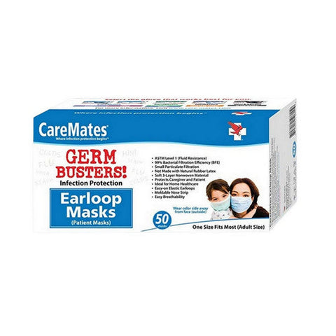 Caremates, Germ Busters Earloop Masks Adult One Size, 50 Count Caremates