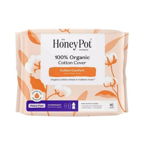 The Honey Pot, Organic Non Herbal Overnight Heavy Flow Menstrual Pads With Wings, 16 Count The Honey Pot