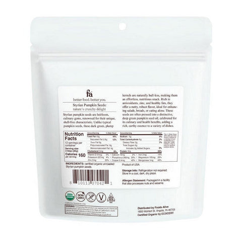Foods Alive, Organic Styrian Pumpkin Seeds, 8 Oz Foods Alive