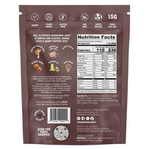 Pan's Mushroom Jerky, Mushroom Jerky Salt and Pepper, 2.2 Oz (Case Of 6) Pan's Mushroom Jerky
