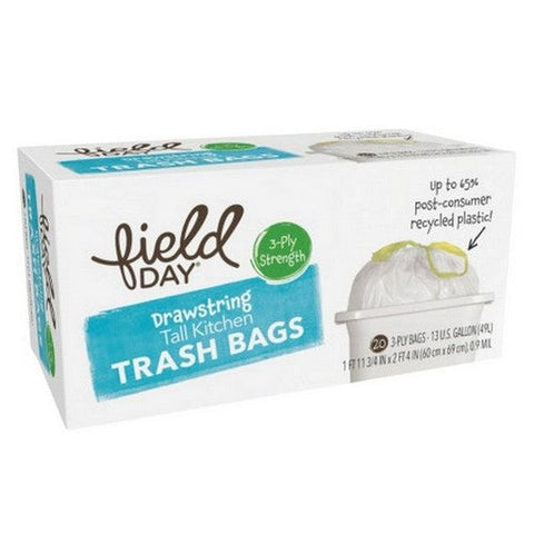 Field Day, Drawstring Tall Kitchen 3 Ply Strength Trash Bags, 20 Count (Case Of 12) Field Day