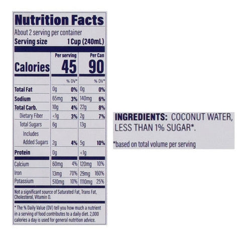 C20 Pure Coconut Water, Pure Coconut Water Hydration Pack, 17.5 Oz X 4 Count (Case Of 6)