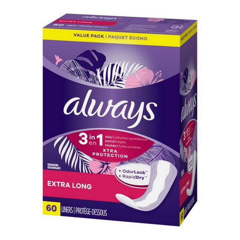 Xtra Protection 3 In 1 Daily Liners For Women Extra Long 60 Count (Case Of 4) by Always Discreet