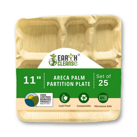 Earth Cleanse, Areca Palm Leaf Square Partition Plates 11-Inch, Pack of 25 Earth Cleanse