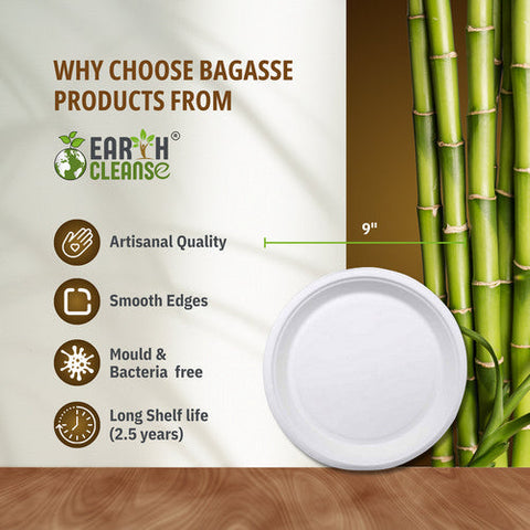 Earth Cleanse, 9" Round Bagasse Plates Premium, 500 Pack Earth Cleanse
