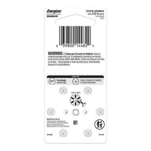Energizer, Hearing Aid Batteries Size 312 Brown, 6 Count Energizer